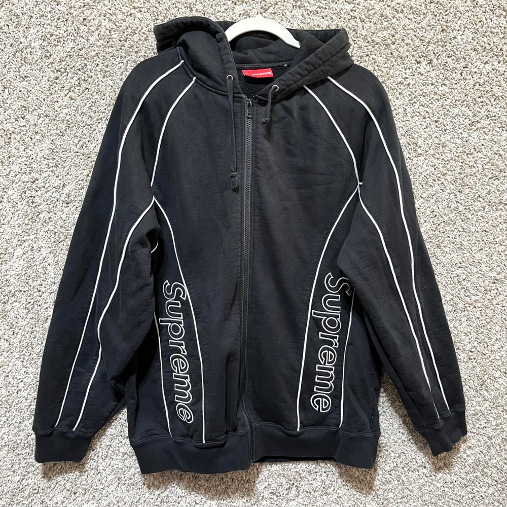 Supreme Black Contrast Piping Cotton Fleece Zip Up Jacket Hoodie in Size Large